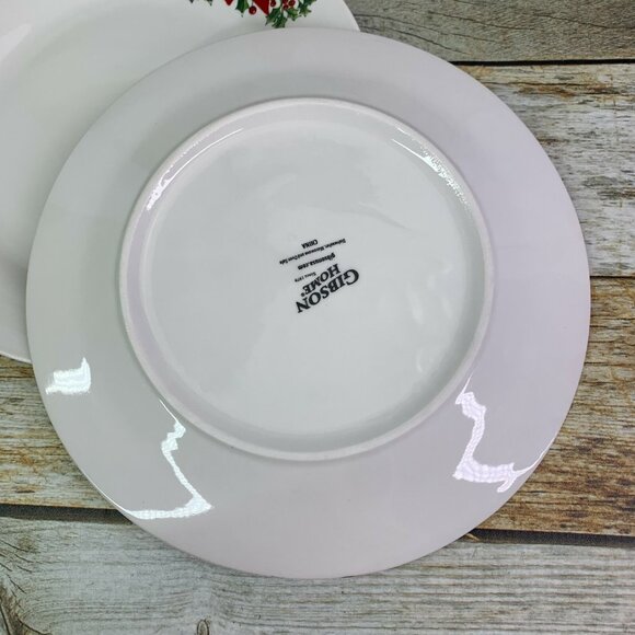 Gibson NOBLE POINSETTIA Red Floral Holly Rim Smooth Lunch Salad Plates Set of 4 - Picture 7 of 11